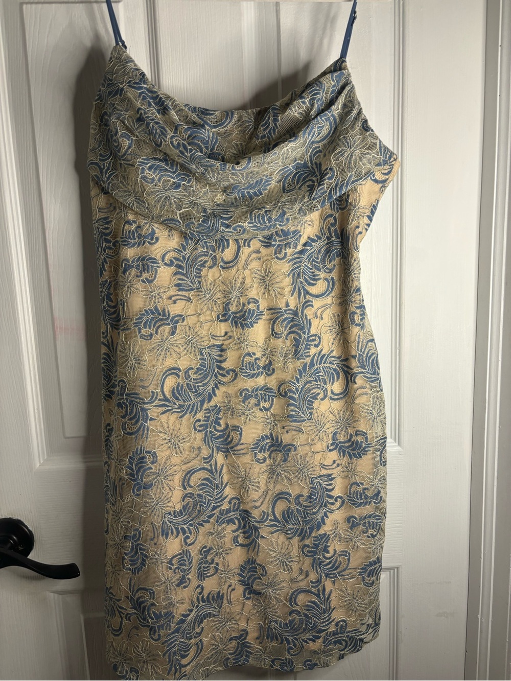 Sleeveless Cowl Neck Midi Dress in Blue and Cream